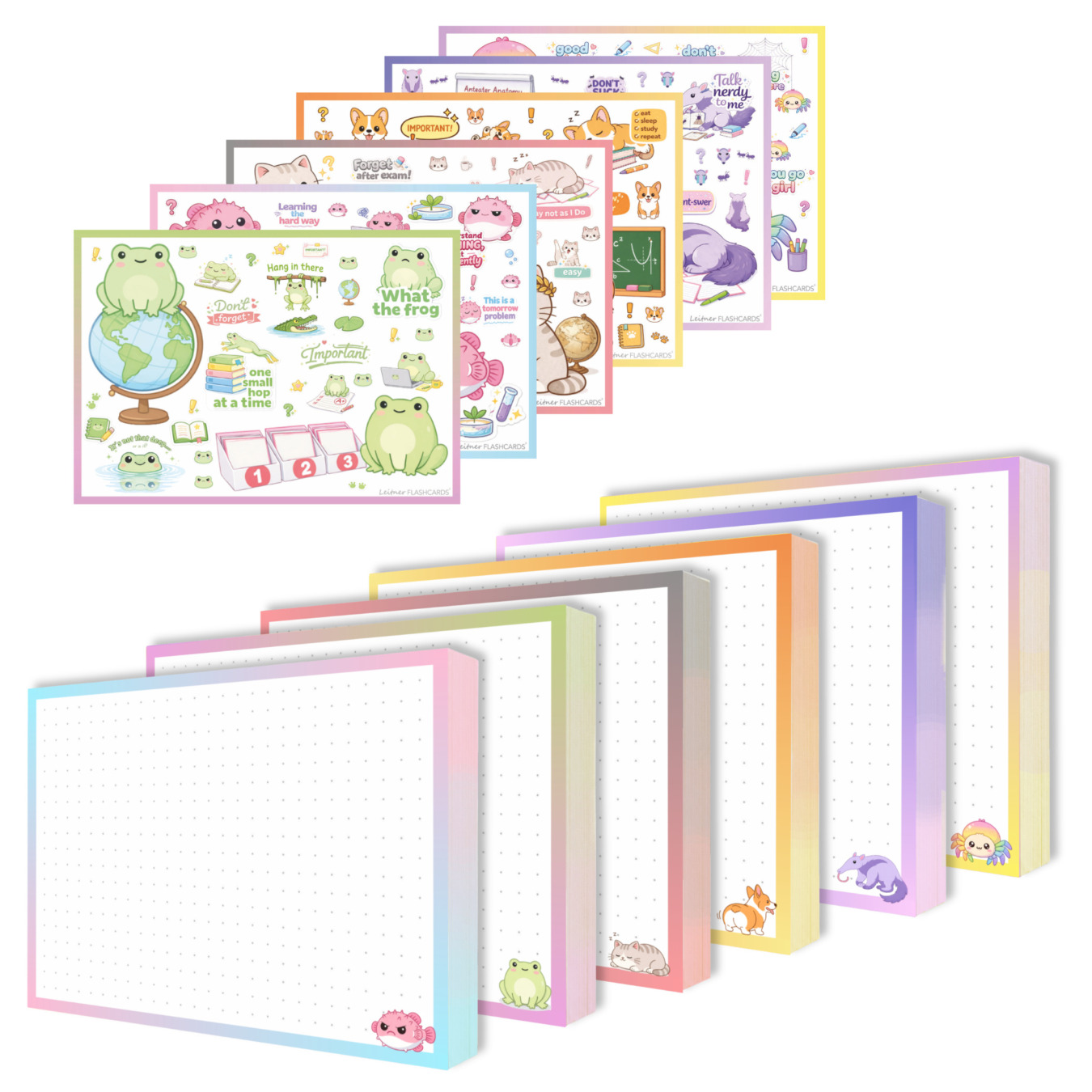 300 Leitner Flashcards Karteikarten Set mit 6 Päckchen A6 Süße Tiere + Sticker